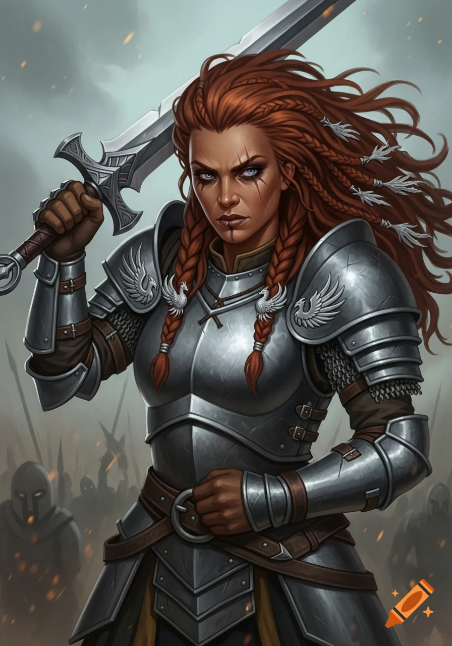 A fierce female warrior with red braids and armor holds a greatsword over her shoulder, standing on a battlefield.