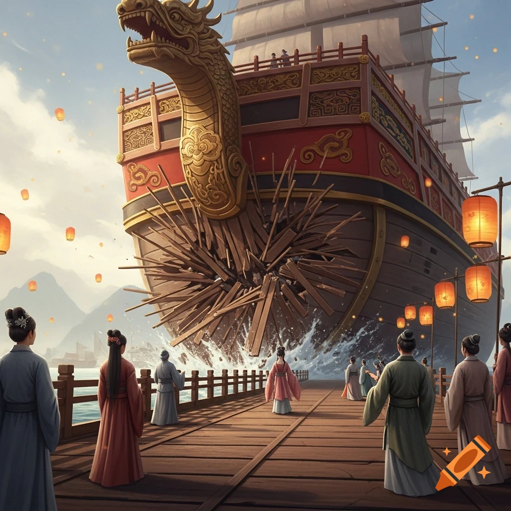 A massive, ornate Chinese ship with a dragon figurehead appears to have crashed into a wooden dock, splintering it. People in traditional attire stand on the dock, looking at the towering vessel, with lanterns floating in the sky and lining the pier.