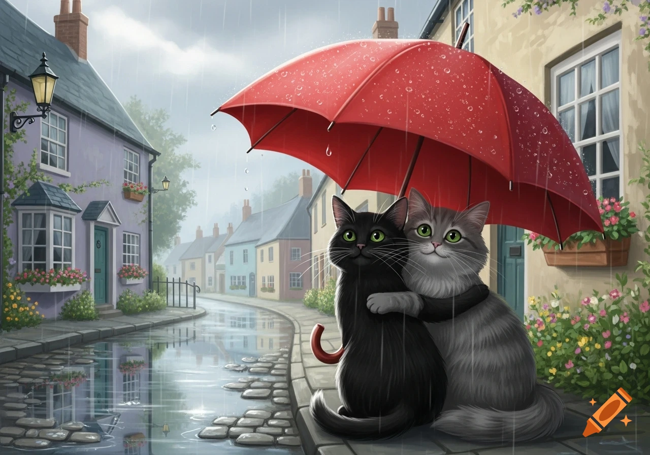 Digital painting of a black cat and a grey cat hugging under a red umbrella on a rainy cobblestone street in a charming town.