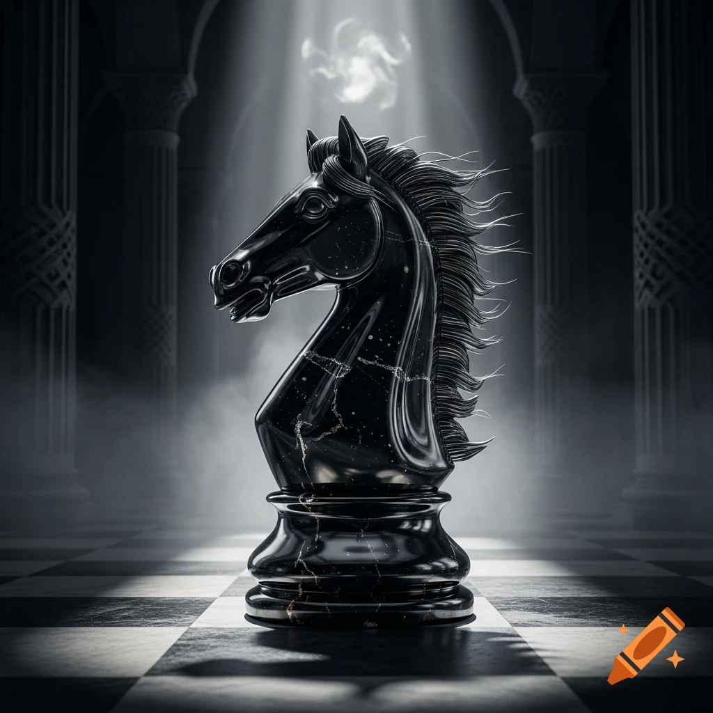 A dramatic black marble chess knight stands on a checkered board in a dimly lit, grand hall with architectural columns.