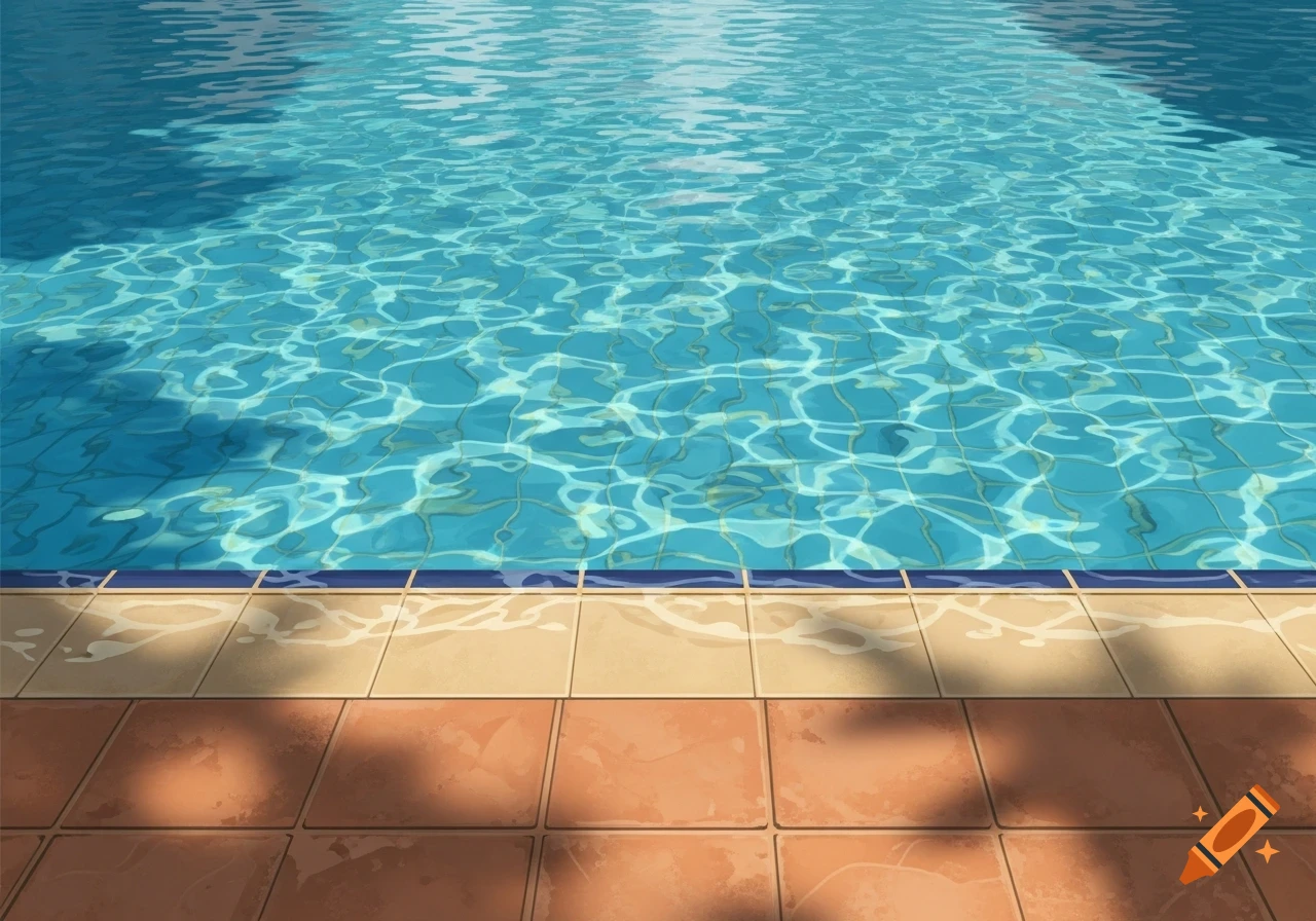 A stylized view of a blue swimming pool with rippled water, light reflecting on the surface, and tiled edges with tan and brown pavers.