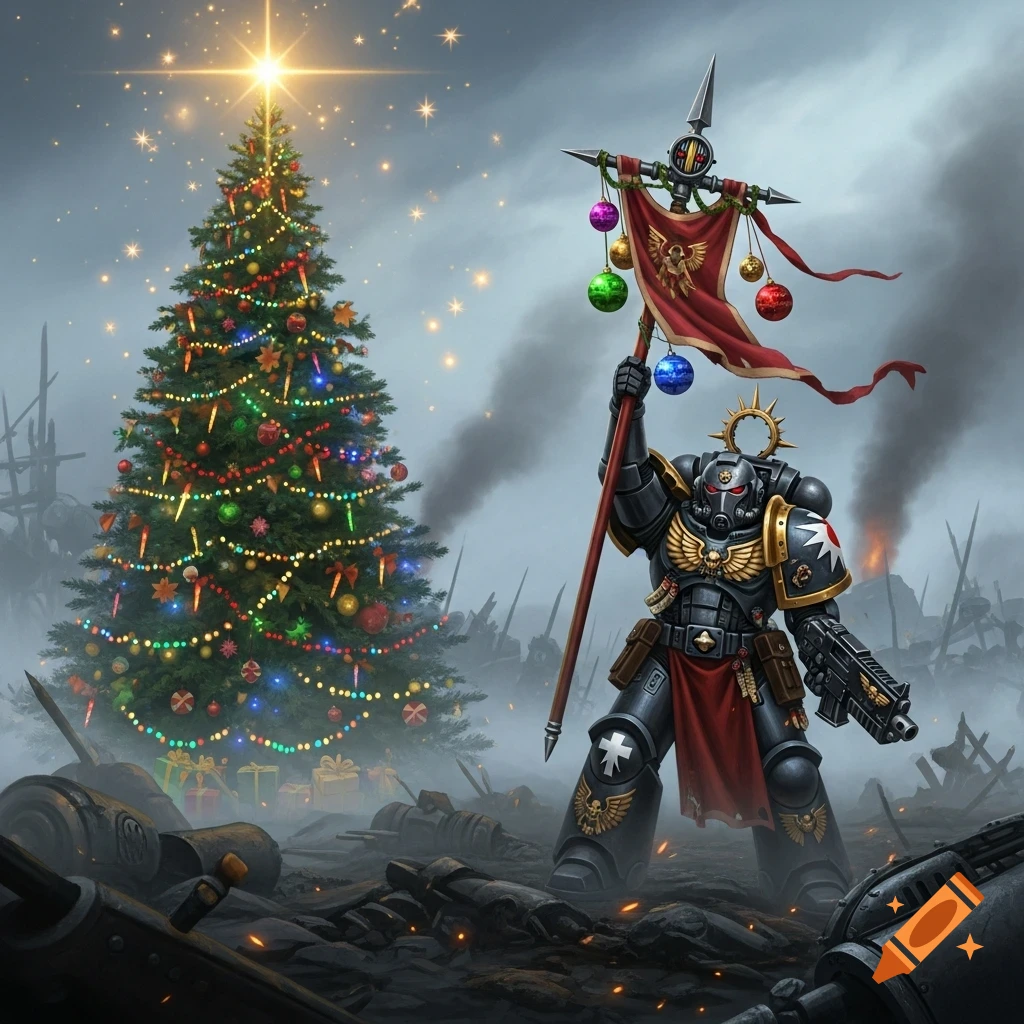 A Space Marine in black armor with gold trim holds a decorated banner while standing in a smoky battlefield next to a brightly lit Christmas tree.