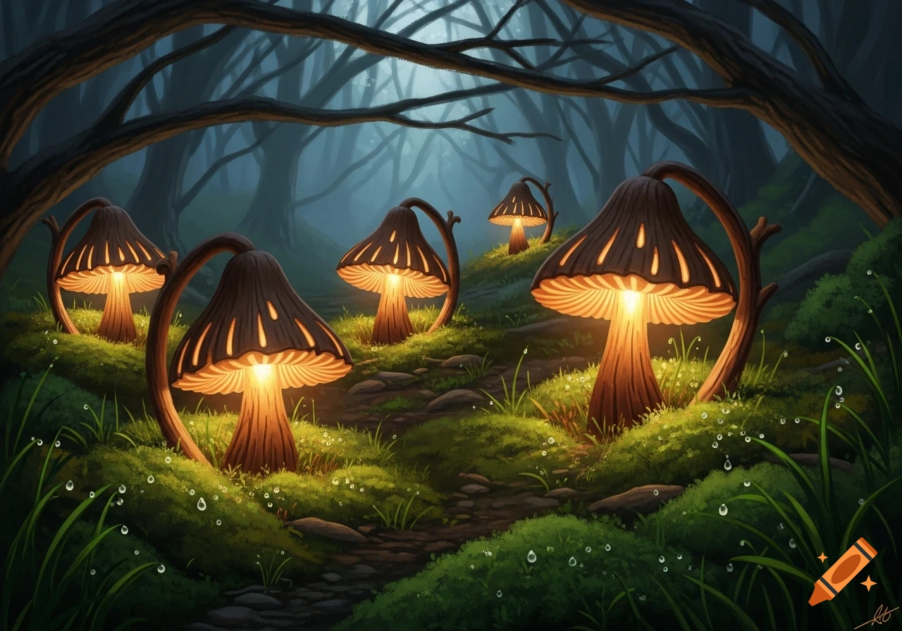 Digital painting of glowing wooden mushroom lamps illuminating a mossy forest path with water droplets.