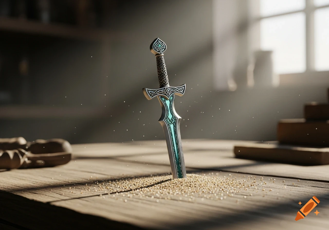 An ornate fantasy sword with a teal glowing blade is plunged into a pile of sand on a rustic wooden table, illuminated by light from a window.