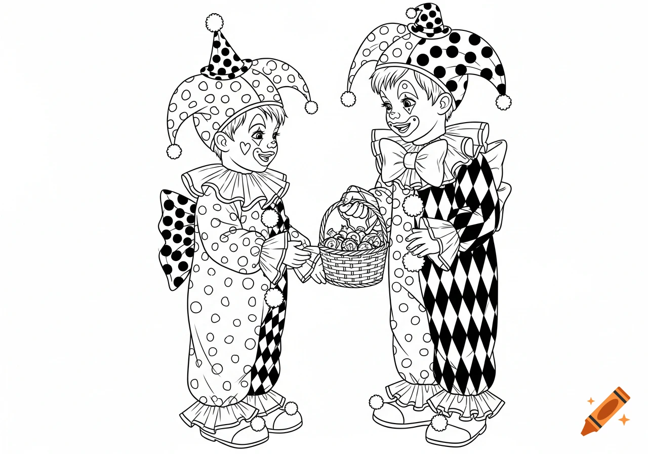 Two young children in black and white clown costumes, one offering a basket of treats to the other in an outline style.