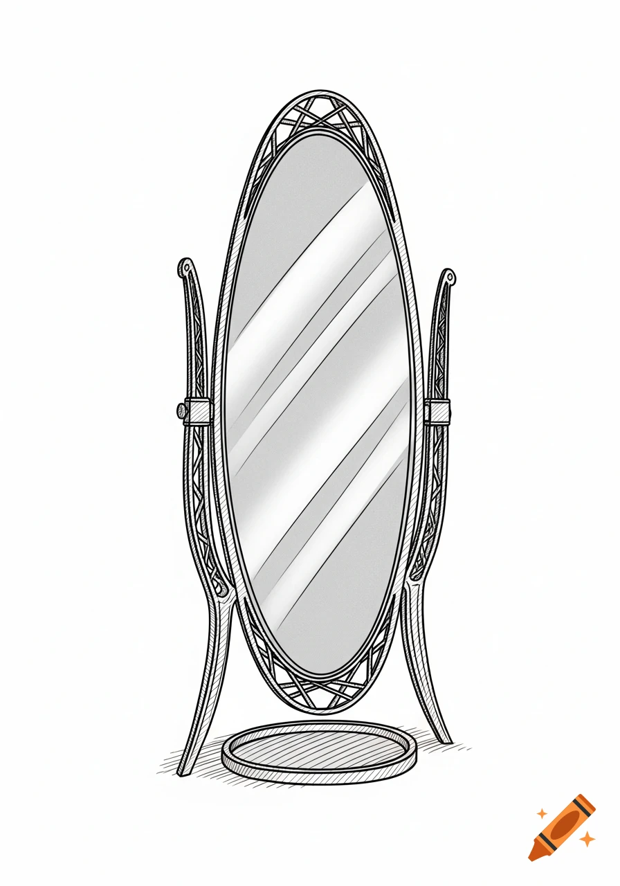A black and white sketch of a tall, oval standing mirror with a decorative frame and a small tray at its base.