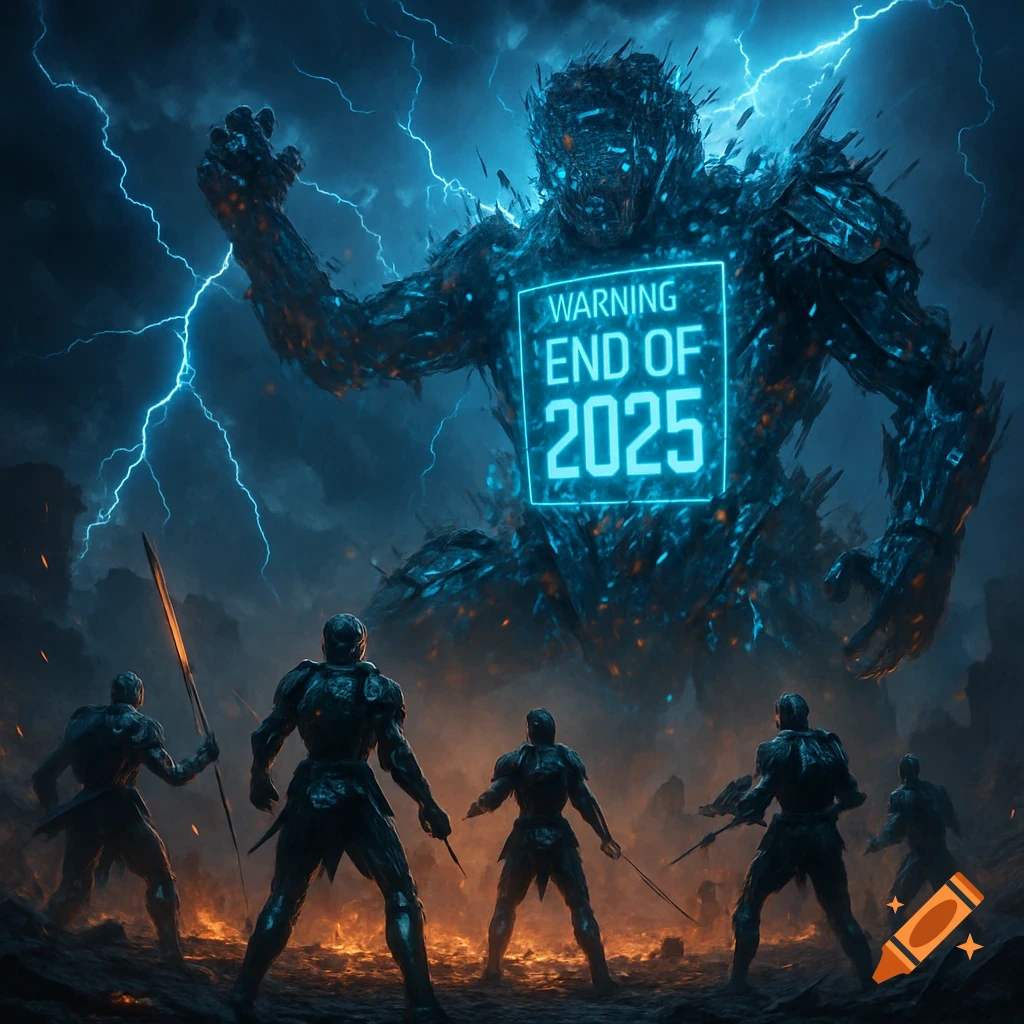 Armored warriors face a colossal, glowing blue monster with 'WARNING END OF 2025' on its chest amidst a fiery, stormy landscape.
