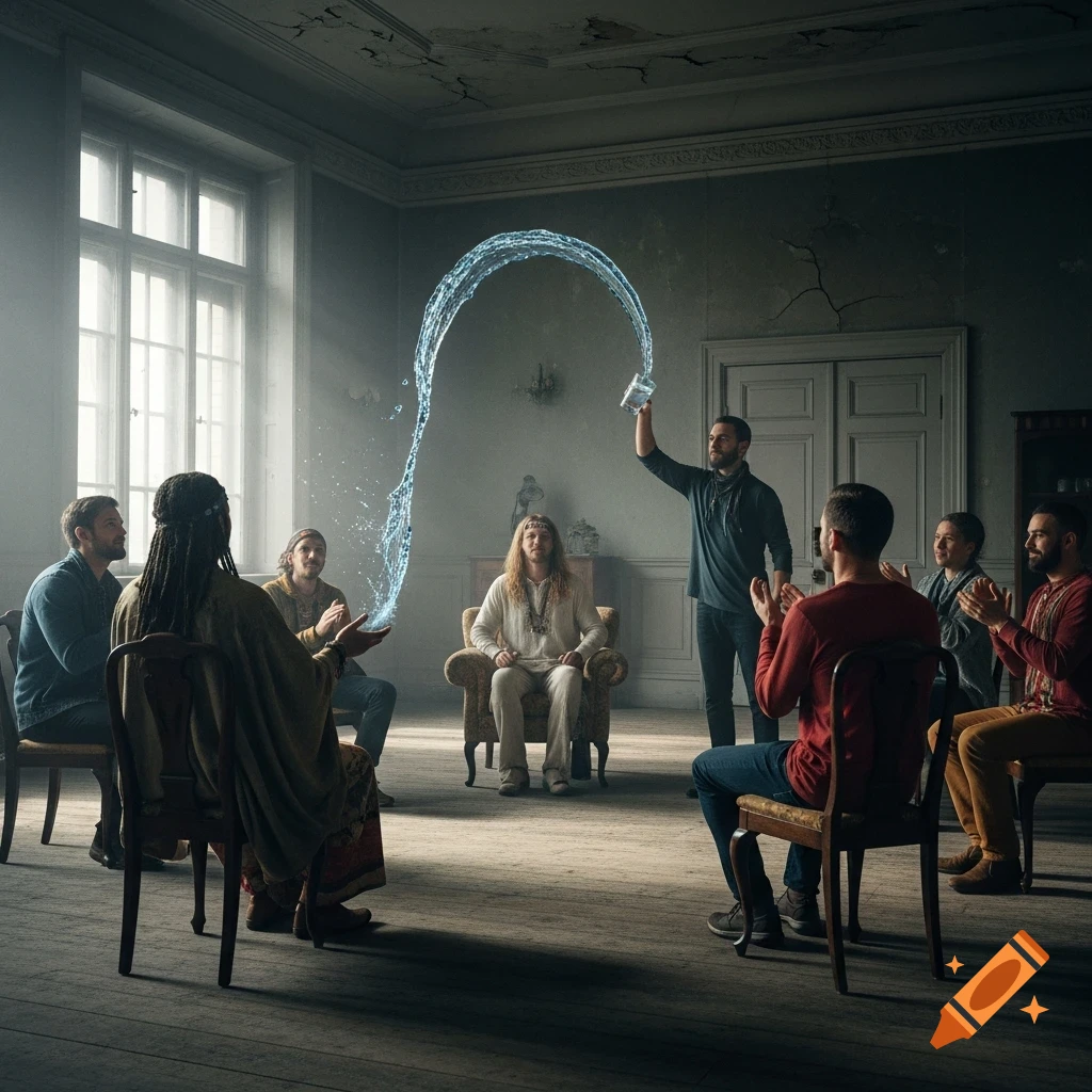 A group of people in a dilapidated room, one man pours water from a glass, creating an arc over a central figure as others clap.