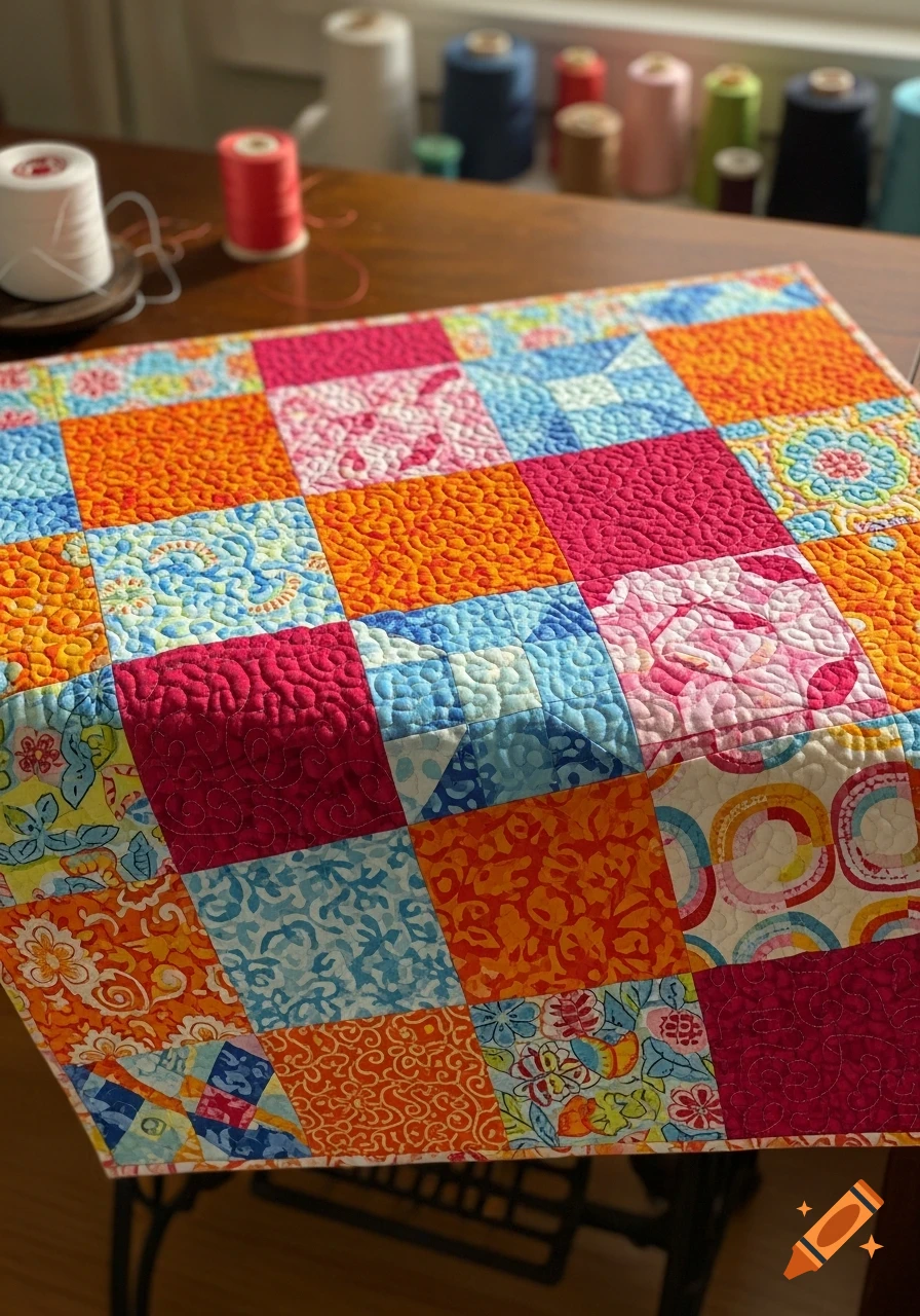 A colorful quilted fabric with squares in orange, red, light blue, and pink, with spools of thread in the blurred background.