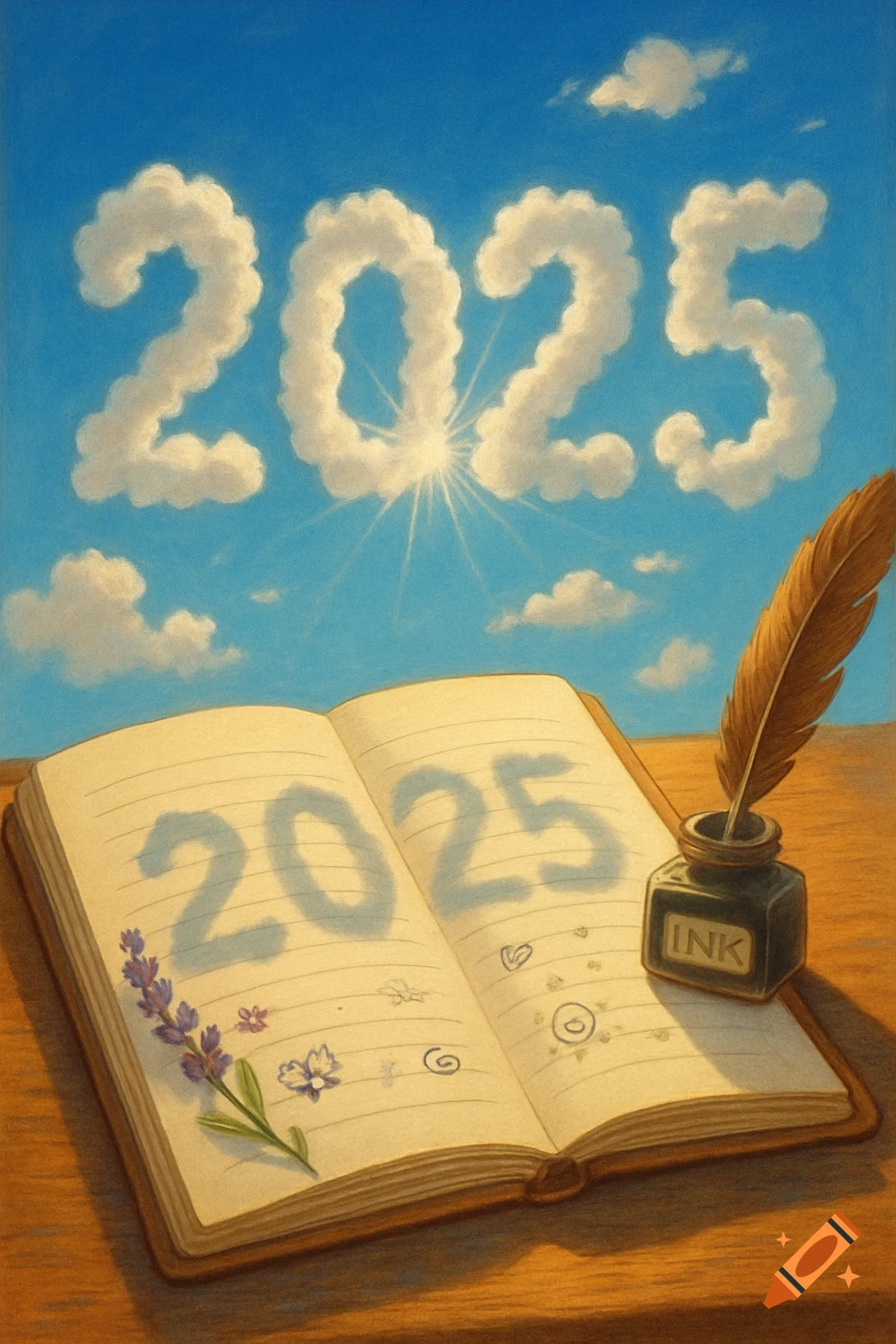 Illustrated open diary on a wooden surface, with a quill and inkwell. Clouds in the sky and a shadow on the diary form '2025'.