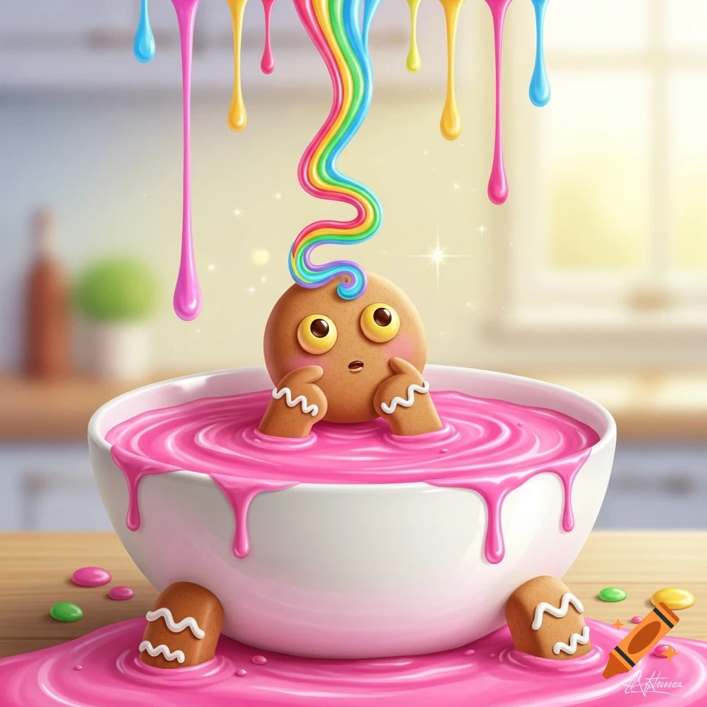 A cute gingerbread figure sits in a bowl of pink icing as a rainbow swirl rises from its head, with colorful drips falling around it in a bright kitchen.