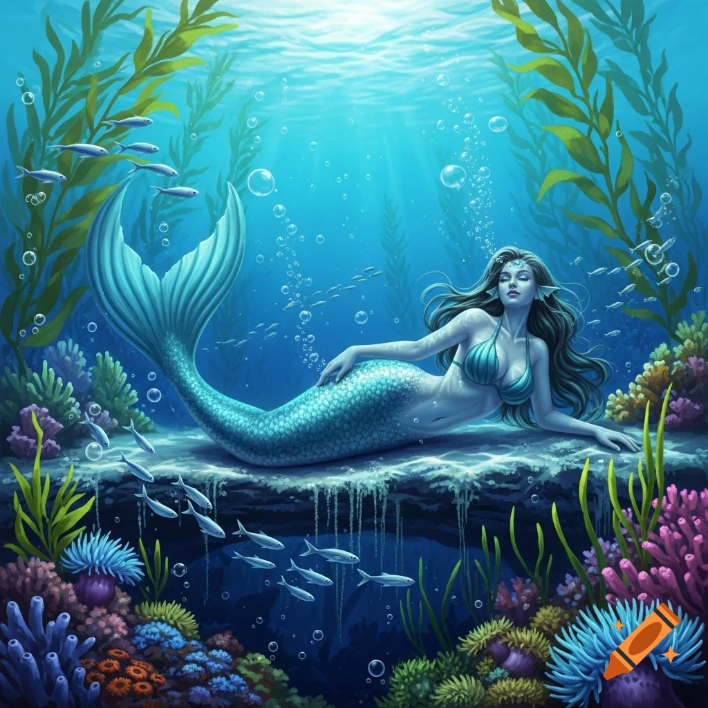 A mermaid with a blue-green tail reclines on an underwater rock surrounded by colorful coral, seaweed, and fish.