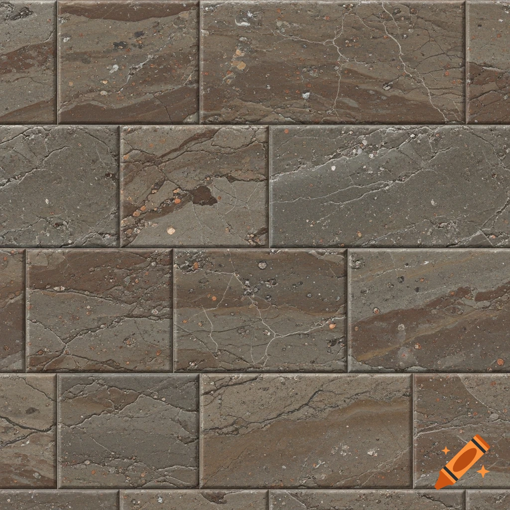 Seamless pattern of rectangular and square dark grey and brown stone tiles with cracks, specks, and marbling, resembling a floor texture.