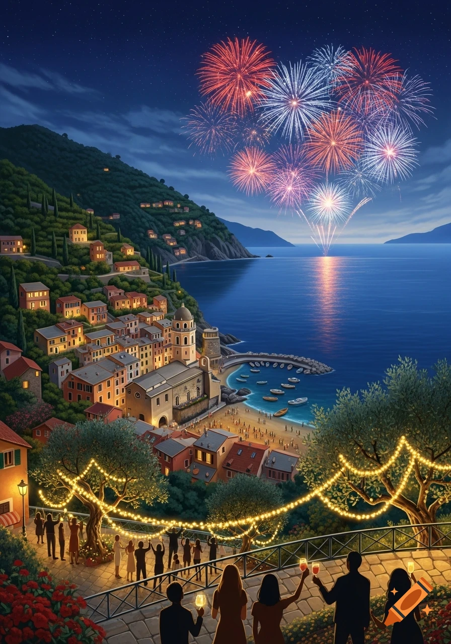 Vibrant illustration of a Ligurian coastal town at night, with colorful fireworks over the sea and people celebrating.