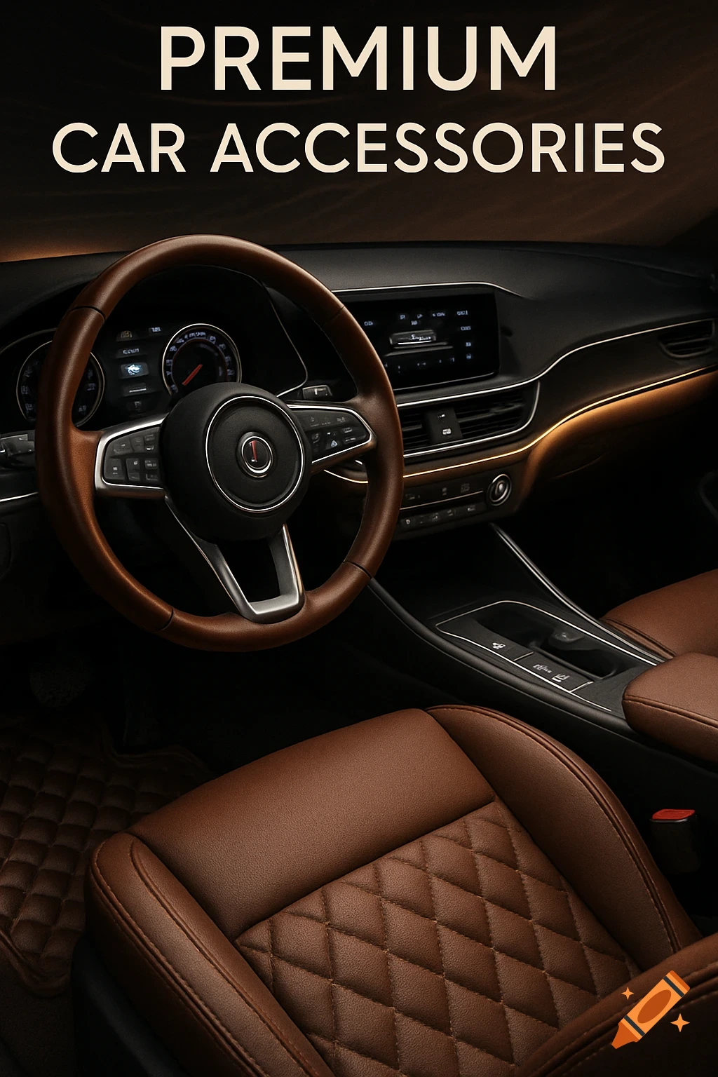 A luxurious car interior with brown leather seats, a steering wheel, and ambient lighting, featuring the text 'PREMIUM CAR ACCESSORIES'.