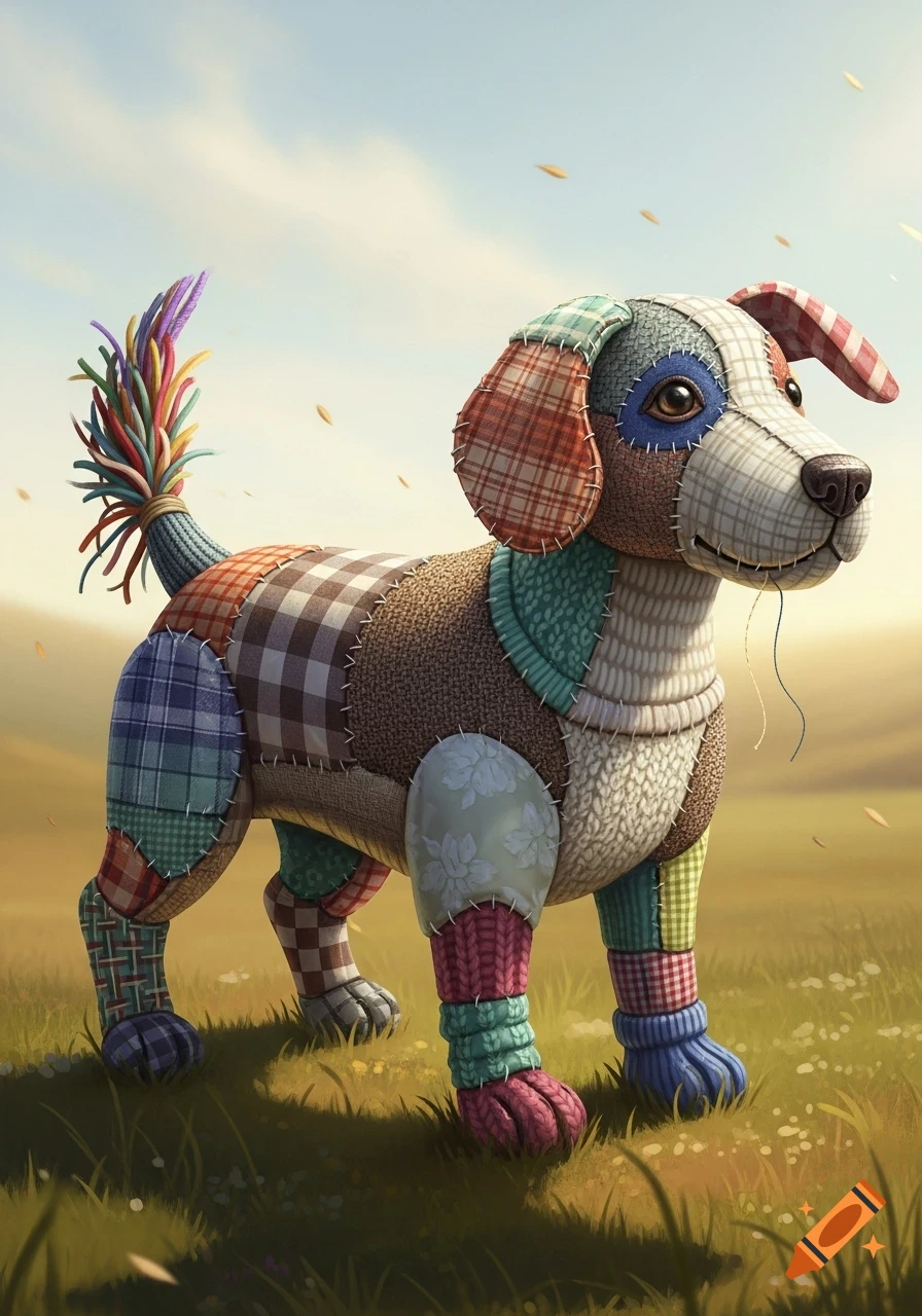 A vibrant patchwork dog made of various colorful fabric patterns stands in a sunny, grassy field under a bright sky.