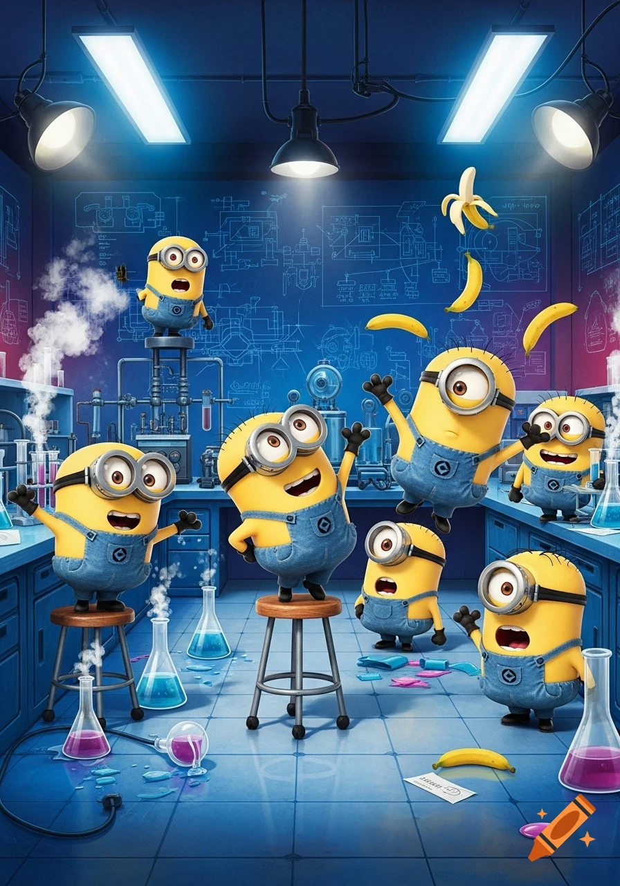 A group of cheerful Minions cause playful chaos in a blue-lit laboratory filled with beakers, bubbling chemicals, and floating bananas, in a cartoon style.