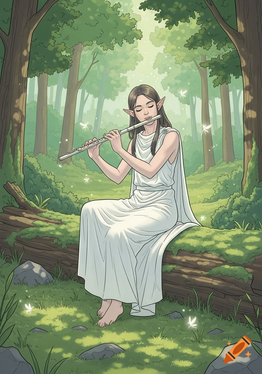 A female woodland elf in a white robe plays a flute while seated on a log in a lush forest, depicted in a soft line art illustration style.