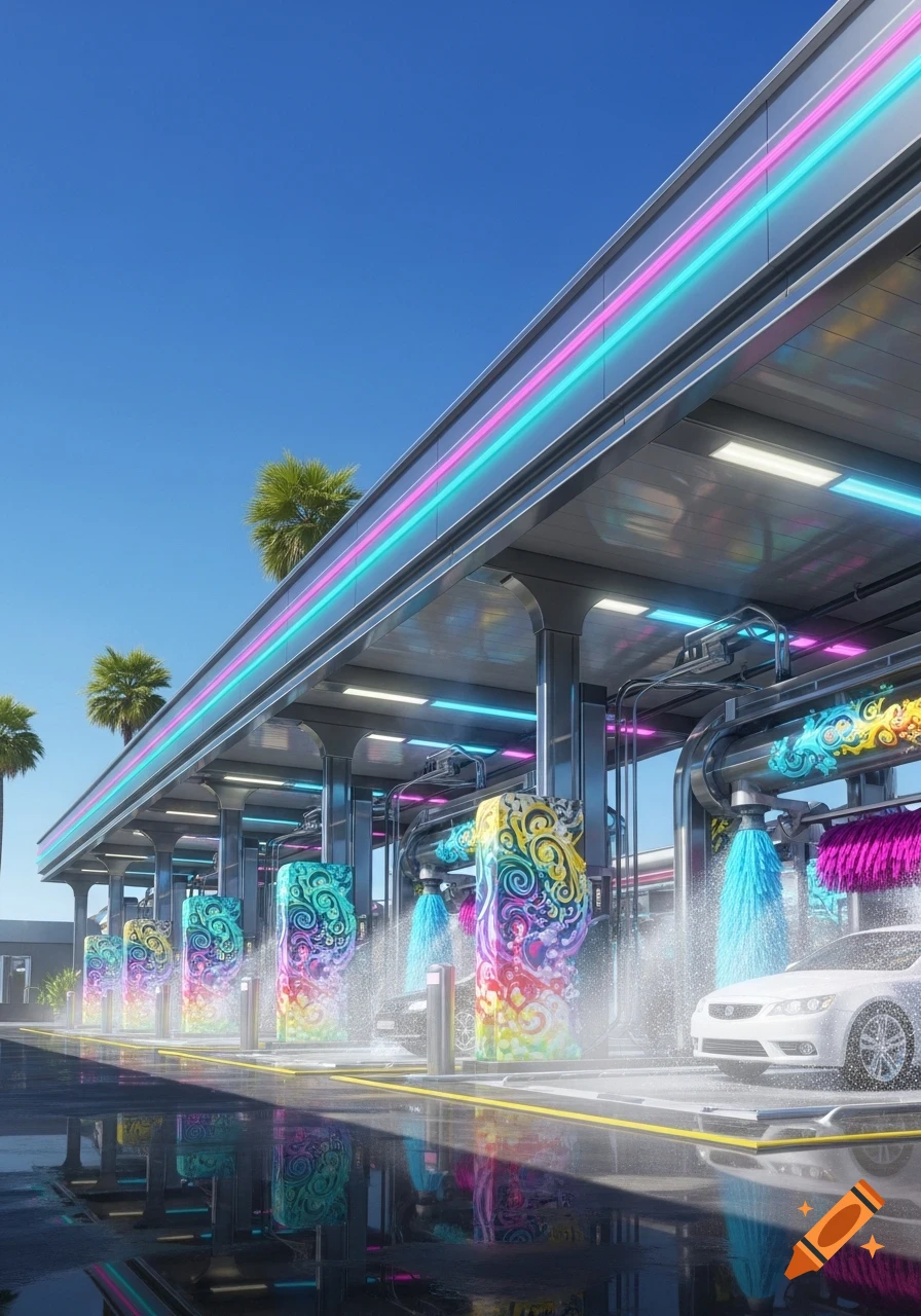 A modern car wash with neon pink and blue lights, colorful swirled washing equipment, and white cars being cleaned under a clear blue sky.