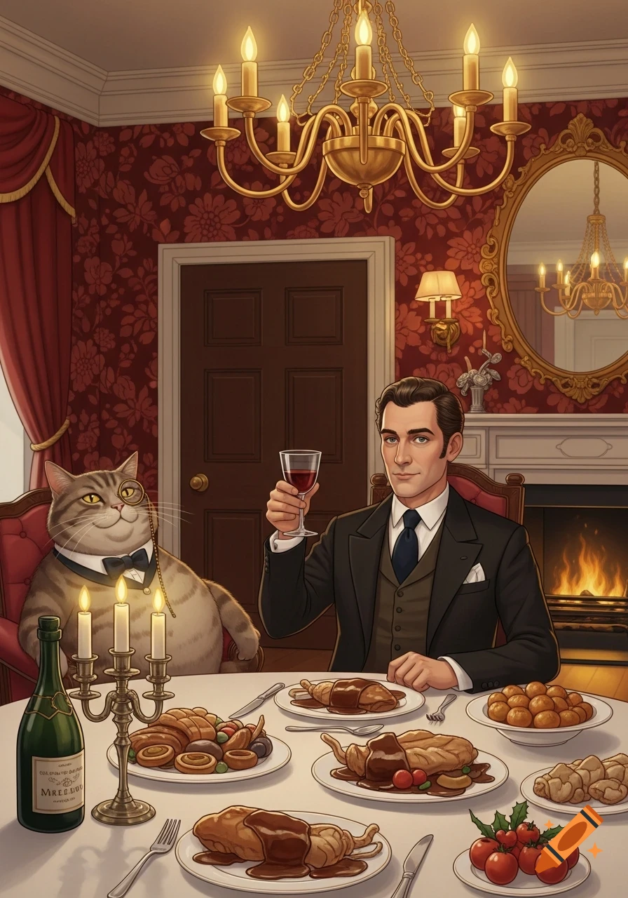 An illustration of a man and a cat in formal wear dining at a candlelit table, with the cat wearing a monocle.