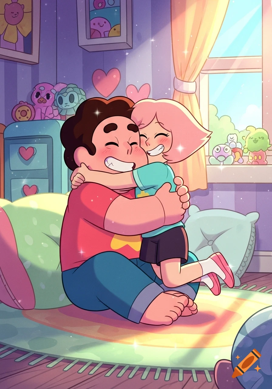 Steven Universe and a pink-haired girl embrace happily in a warm, sunny cartoon bedroom filled with toys.