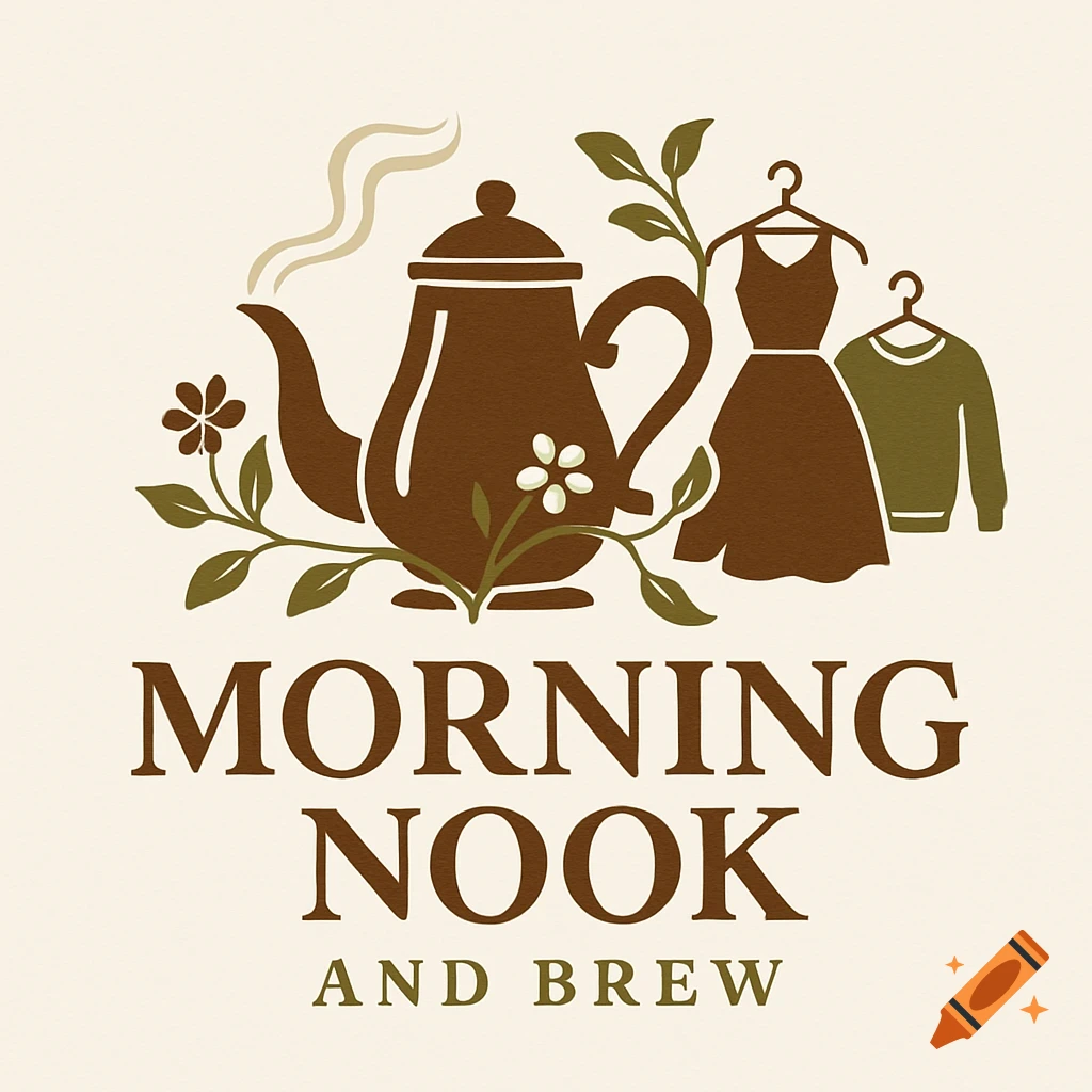 A logo featuring a brown teapot steaming, surrounded by green leaves and white flowers, next to a brown dress on a hanger and a green sweater, with the text "MORNING NOOK AND BREW".