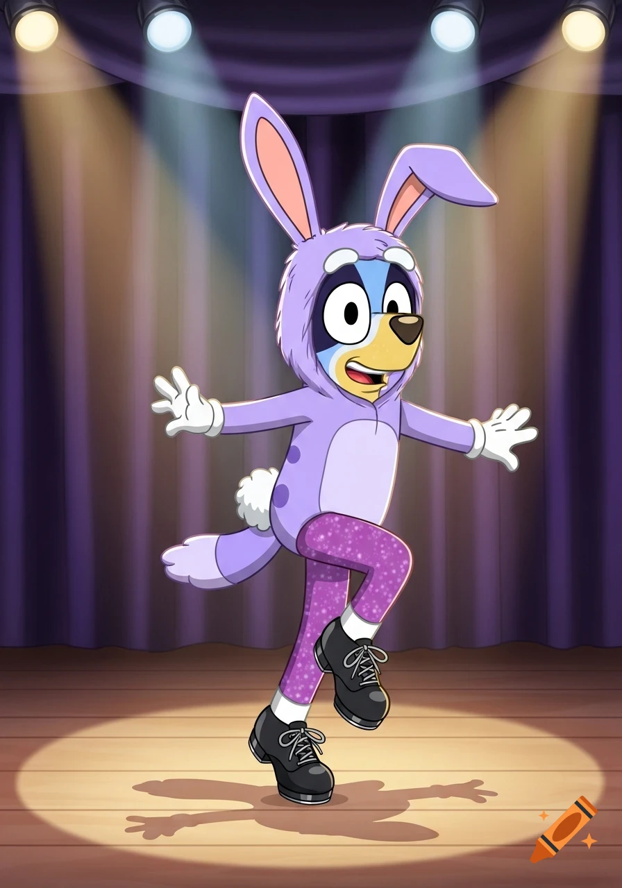 Cartoon Bluey Heeler in a purple rabbit costume and tap shoes dances on a spotlighted stage with purple curtains.