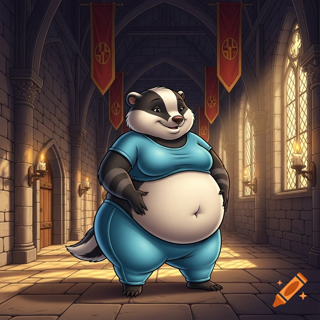 A rotund badger character in a blue crop top and pants, patting her belly in a vaulted abbey hall, in a cartoon style.