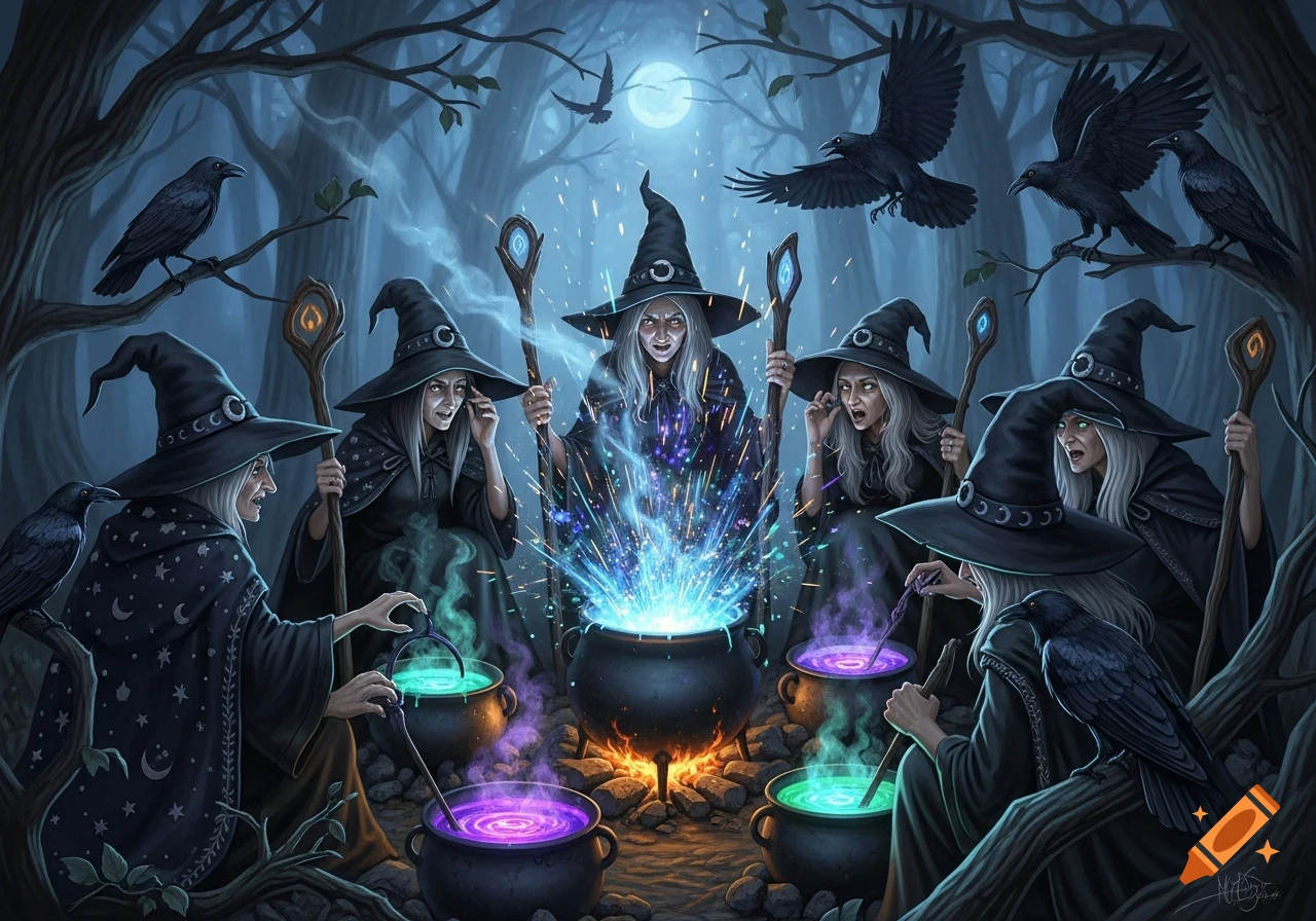 Six witches conjure spells around glowing cauldrons in a dark forest, with ravens flying and perched, under a full moon.