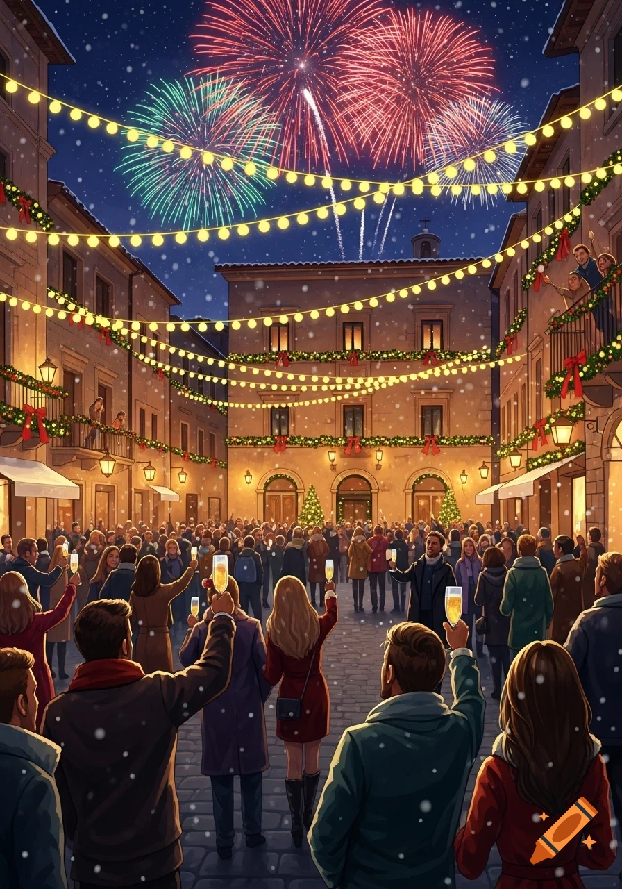 A large crowd celebrates New Year's Eve in a snowy, decorated town square at night with colorful fireworks overhead.