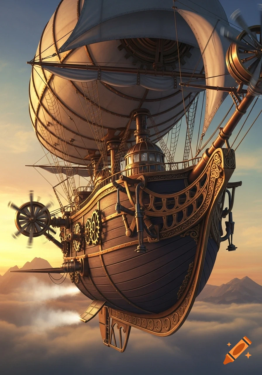 A detailed steampunk airship with sails and propellers flying high above the clouds during sunset, with mountains in the distance.