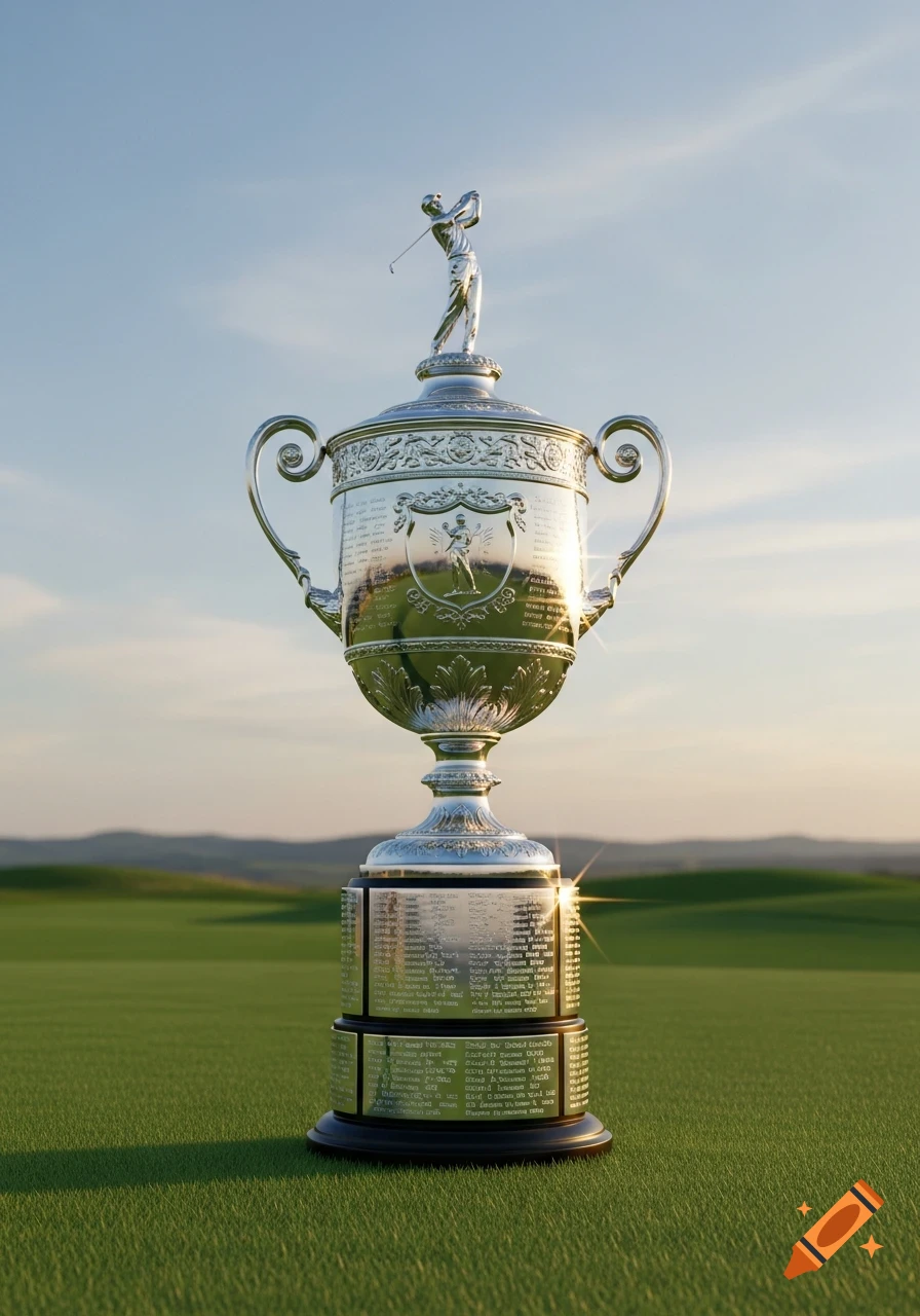 A gleaming silver golf trophy with a golfer figurine on top, standing on a lush green golf course under a blue sky at sunset.