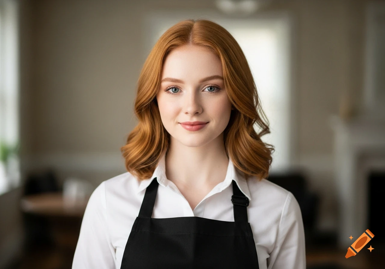 A smiling young woman with red hair and blue eyes wears a white shirt and black apron.