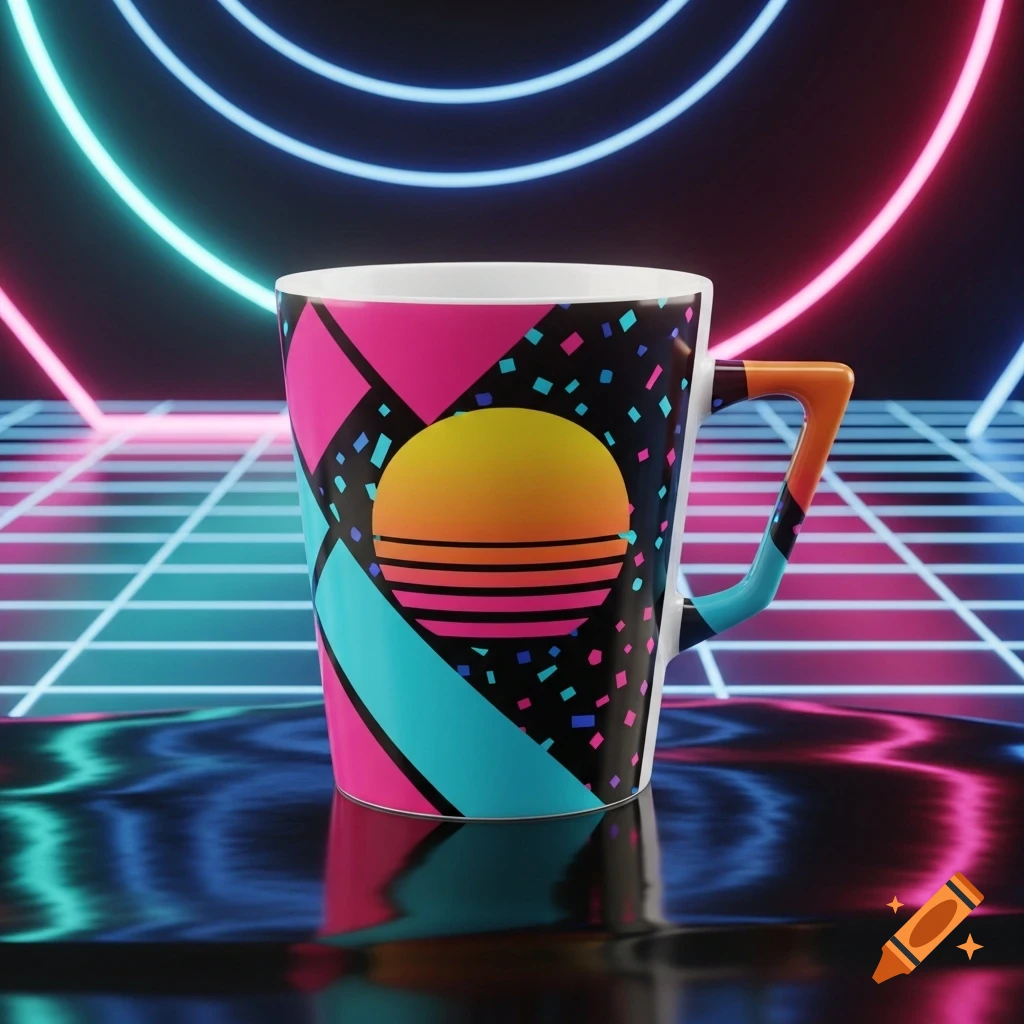 A colorful coffee mug with an 80s retro geometric pattern, including a sunset graphic, on a dark background with neon grid lines.