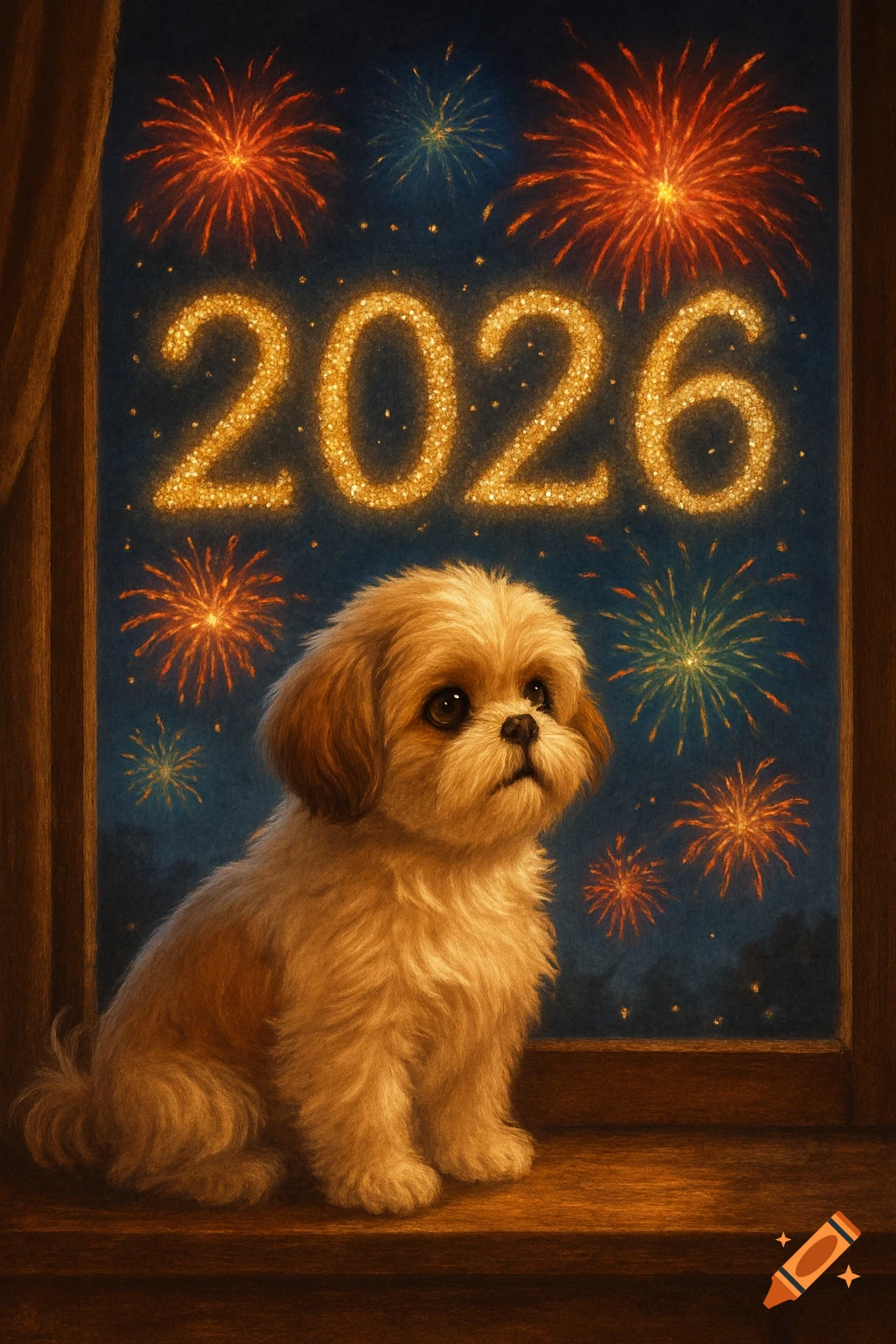 A cute Shih Tzu dog sits on a window sill, looking out at the night sky filled with fireworks and the glittery golden numbers '2026'.