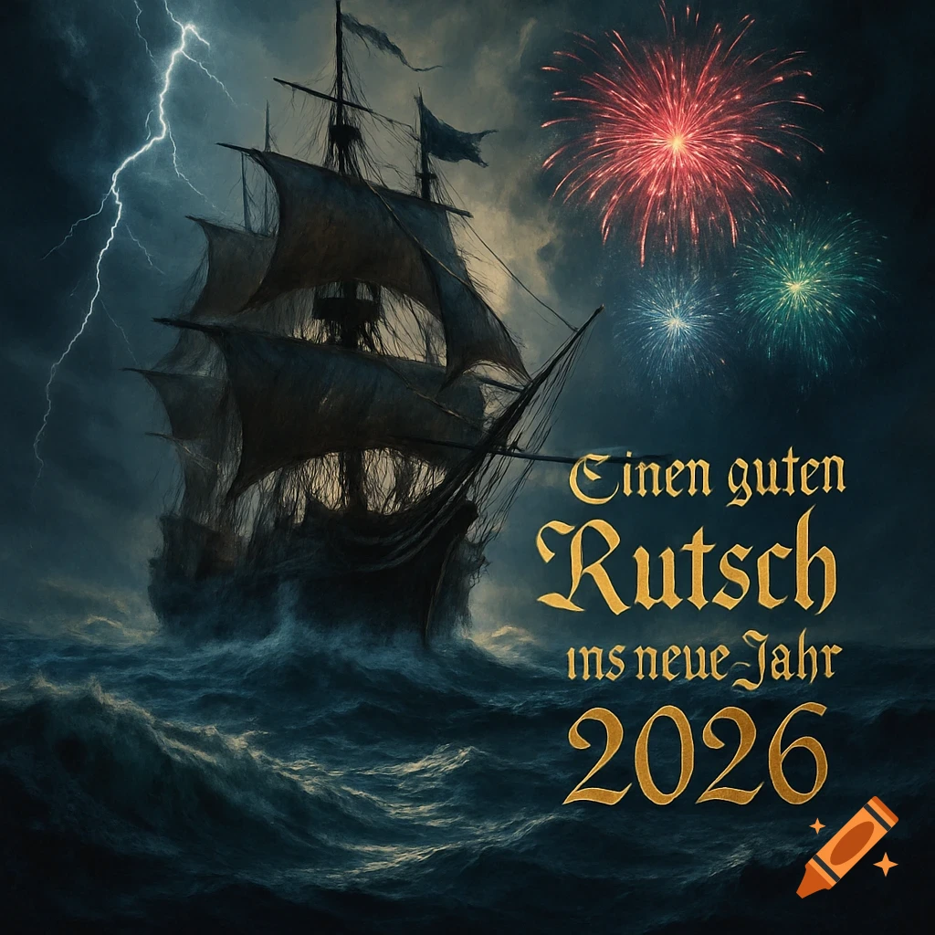 A pirate ship sails on a stormy sea with lightning. Fireworks explode in the dark sky, and golden text reads "Einen guten Rutsch ins neue Jahr 2026"