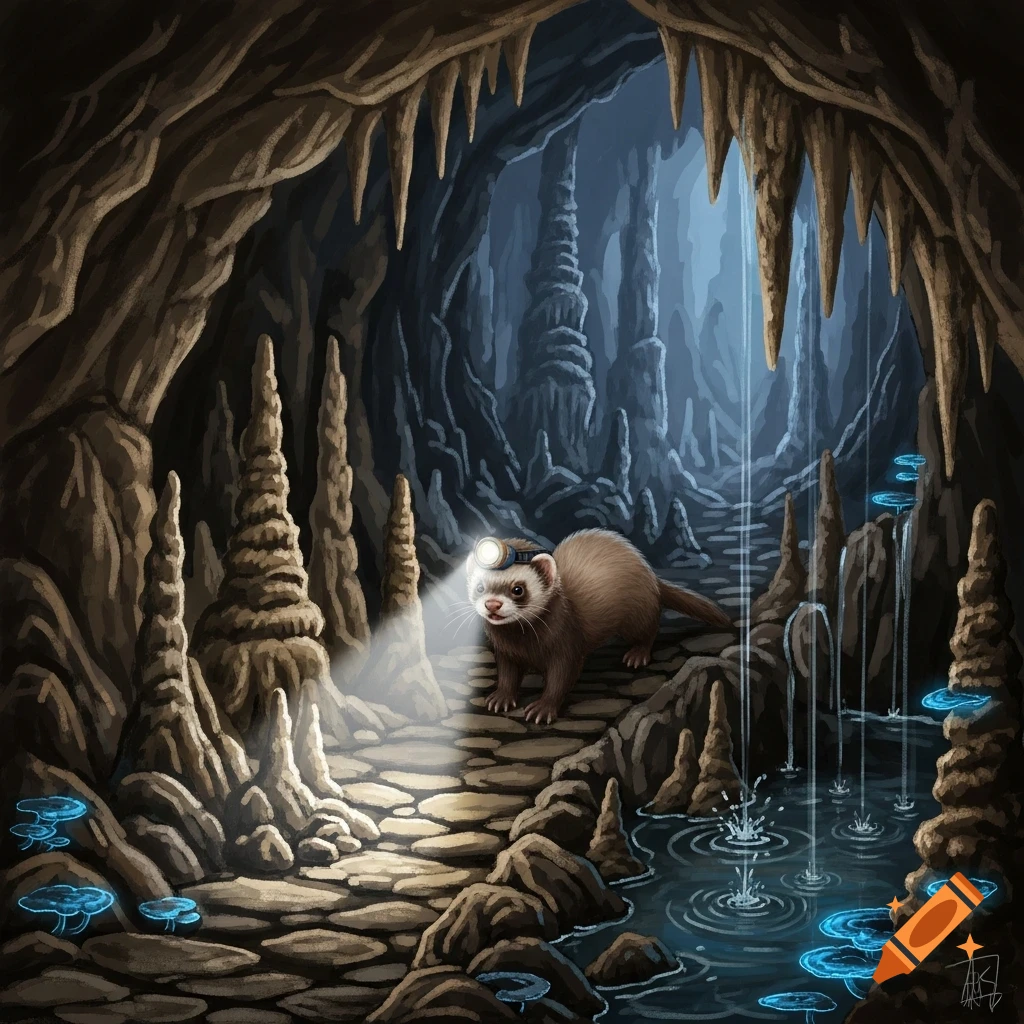A ferret wearing a headlamp explores a glowing cave with stalagmites, stalactites, waterfalls, and bioluminescent mushrooms.