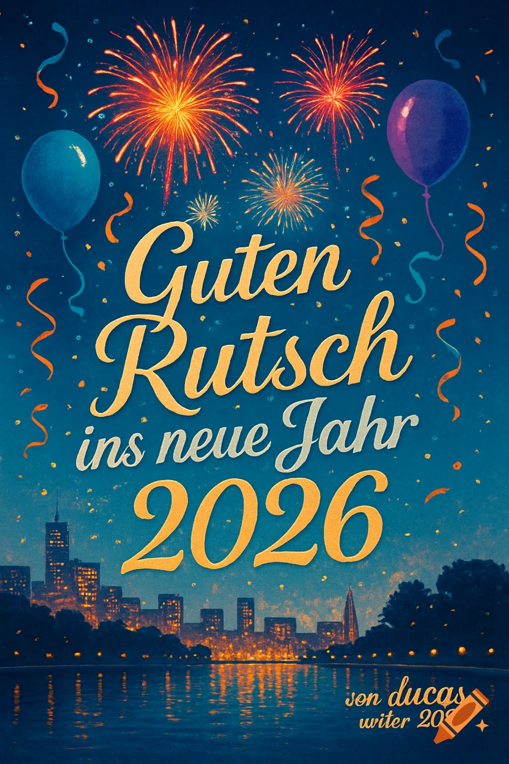 A New Year's greeting card with fireworks over a city skyline reflected in water, balloons, and confetti, with 'Guten Rutsch ins neue Jahr 2026' text.