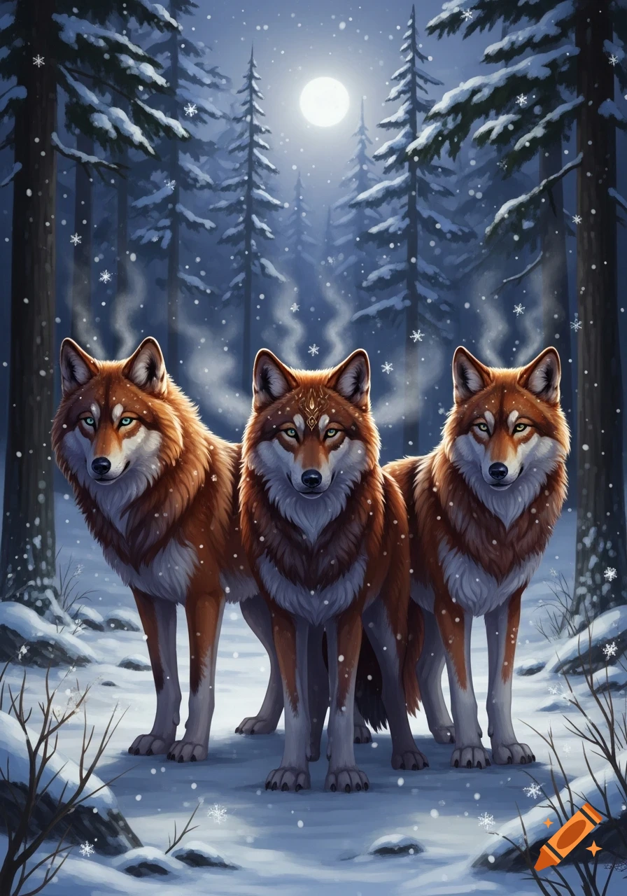 Three red-brown wolves with glowing eyes stand in a snowy forest at night, with snow falling and a bright full moon above.