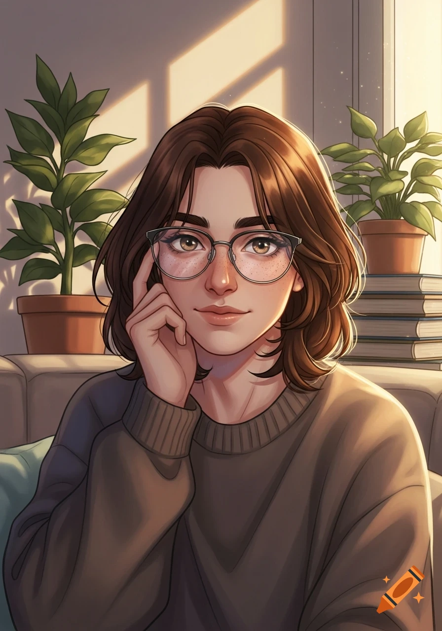 Anime-style portrait of a person with short brown hair, glasses, and freckles, wearing a brown sweater, relaxing indoors with plants.