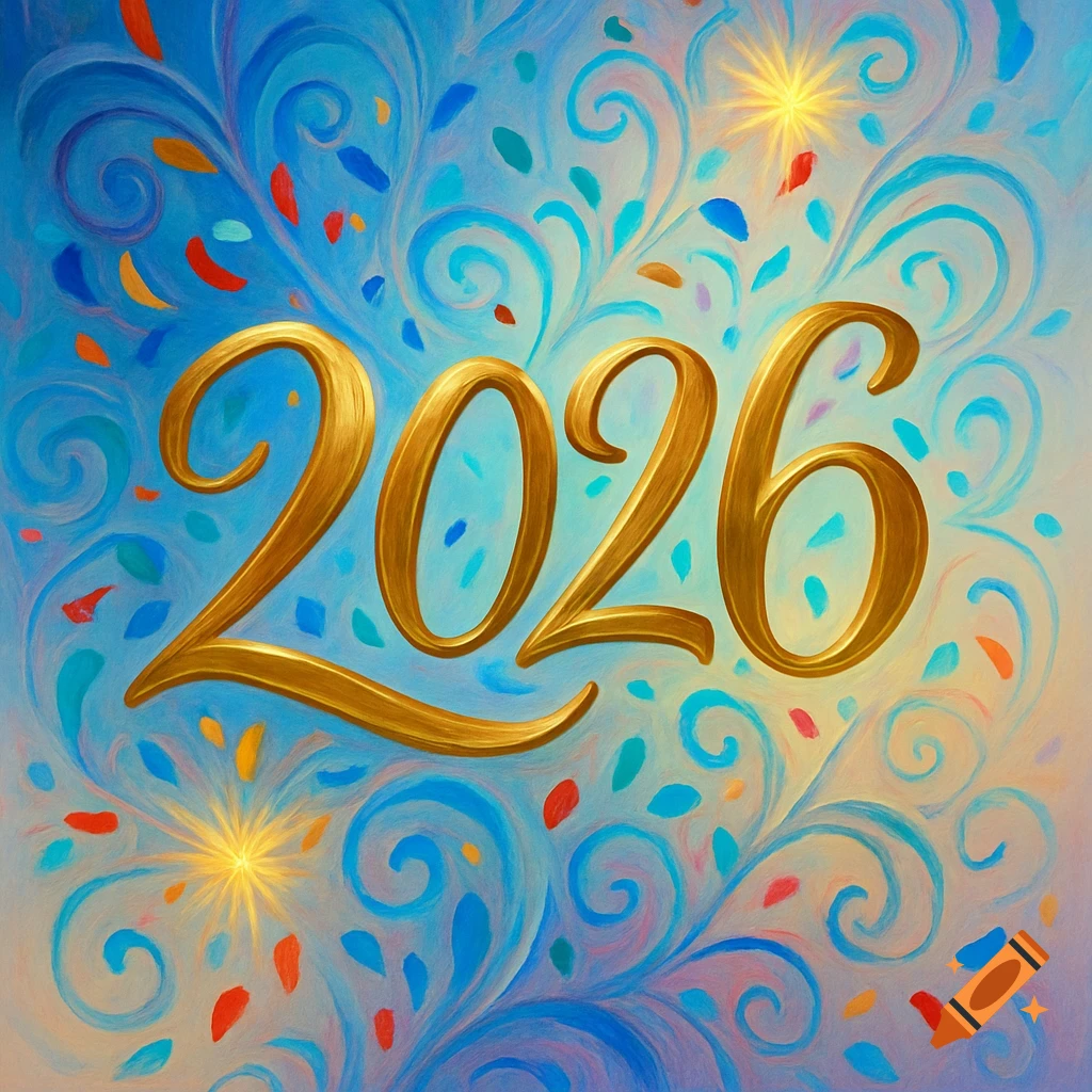 A vibrant, painterly greeting card with golden '2026' numbers against a swirling blue background with colorful confetti and sparkles.