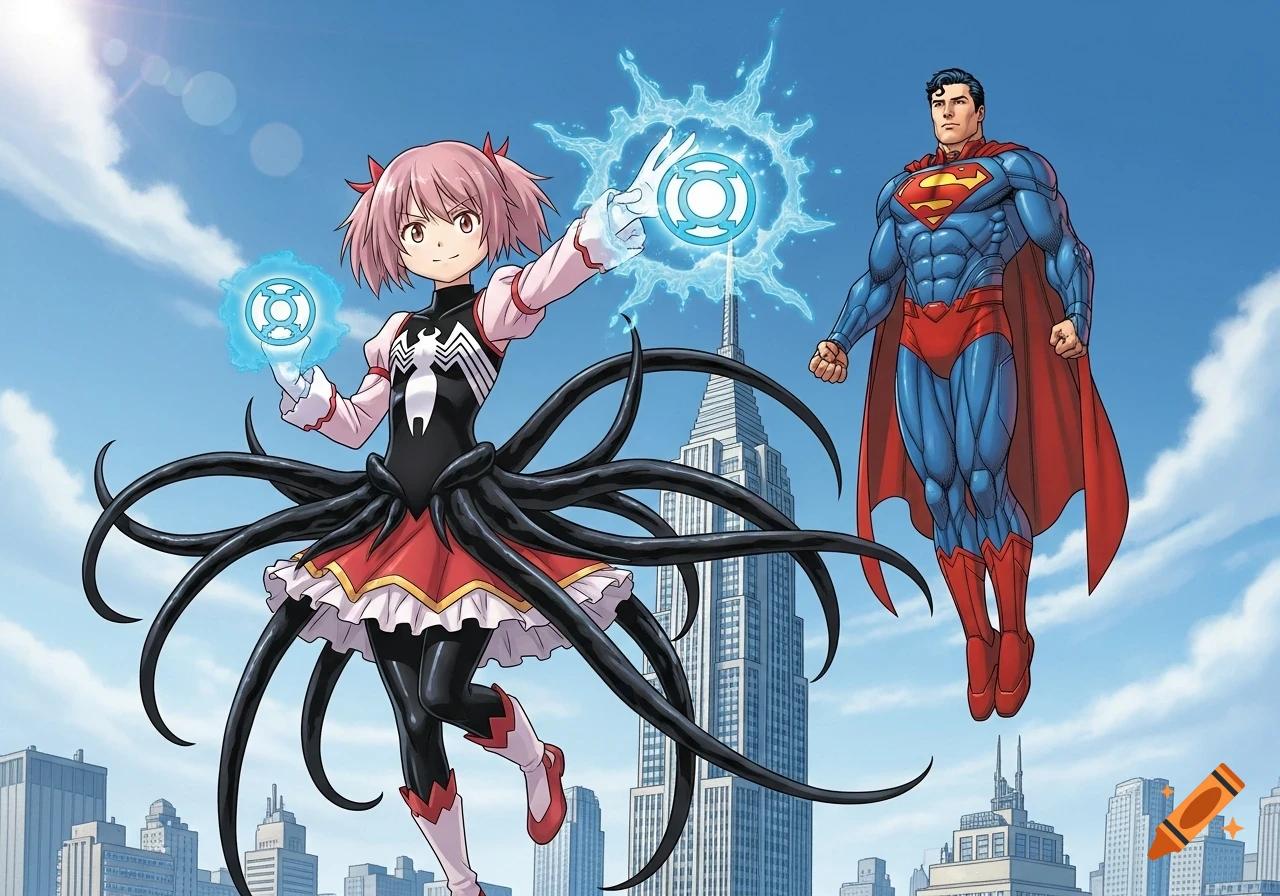 Madoka Kaname in a Venom suit with a Blue Lantern ring floats next to Superman in his Iron Man suit over a sunny city.