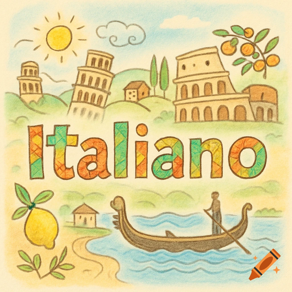 A colorful doodle illustration of Italy with landmarks like the Leaning Tower of Pisa and Colosseum, a gondola, and 'Italiano' text.