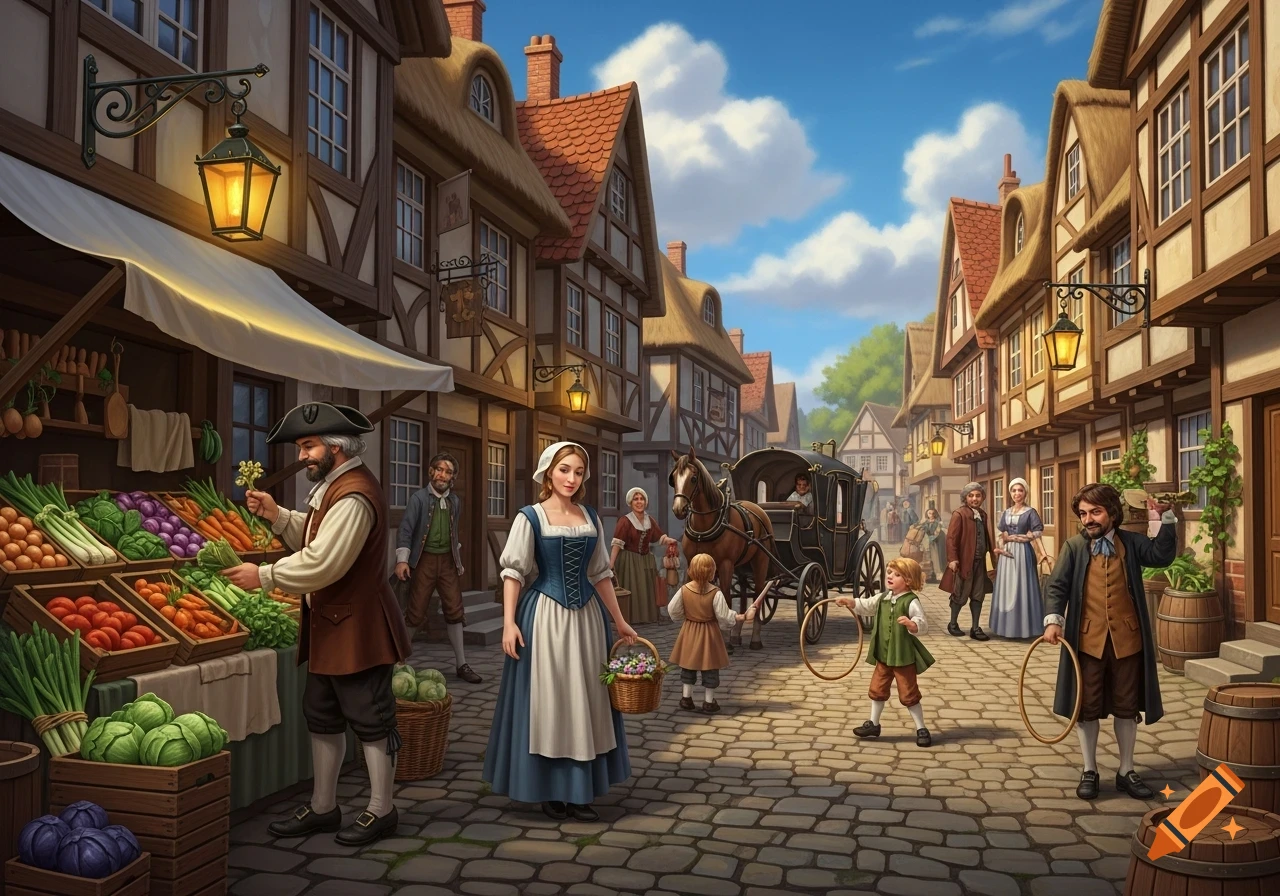 A vibrant, detailed illustration of a bustling 18th-century European market street, with villagers, a vegetable stall, and horse-drawn carriage under a blue sky.