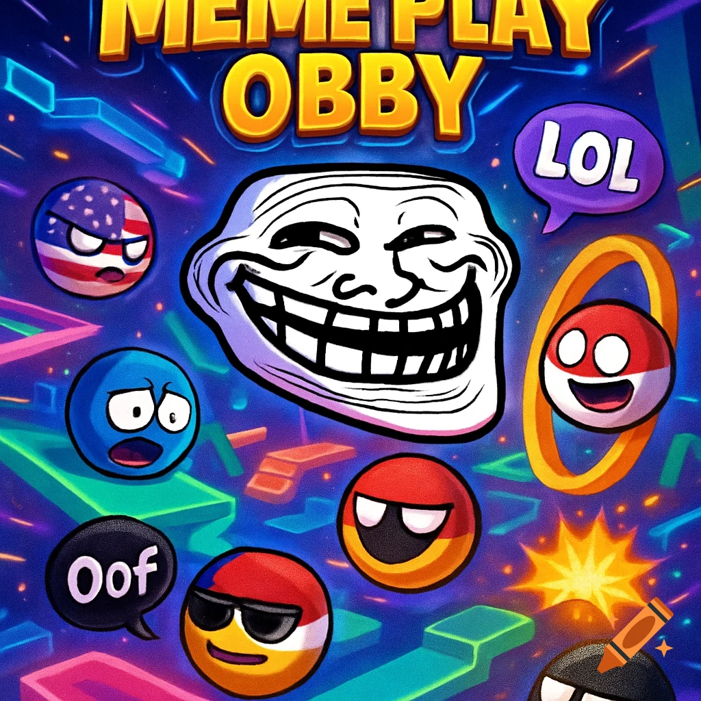 A colorful cartoon image featuring a large Trollface, countryballs, and text 'MEME PLAY OBBY', 'LOL', and 'Oof' on a geometric background.