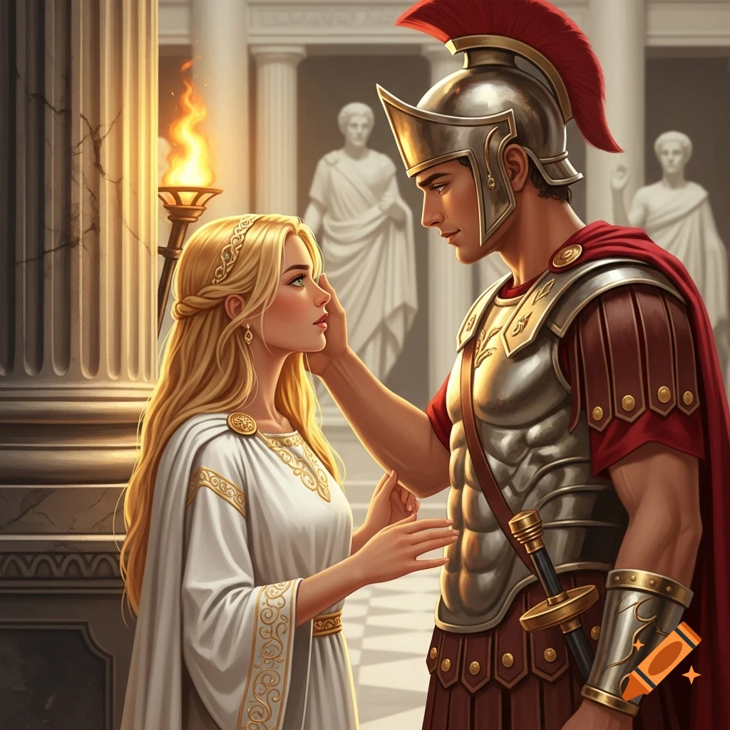 A Roman soldier in armor gazes at a blonde woman in a classical white dress, tenderly touching her face amidst ancient columns.