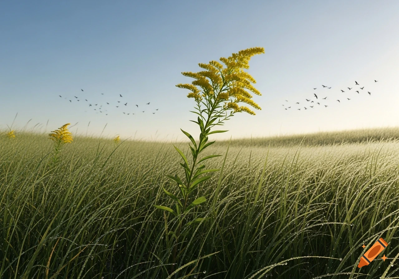 A vibrant goldenrod plant in a dewy green grassland under a clear sky with birds.
