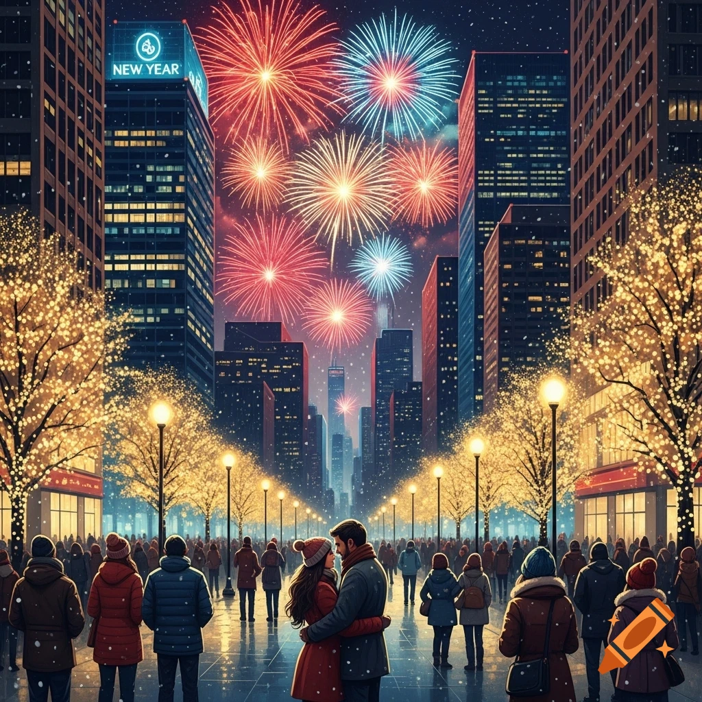 Fireworks explode over a snowy city street at night, with crowds of people celebrating New Year's Eve, a couple embracing.