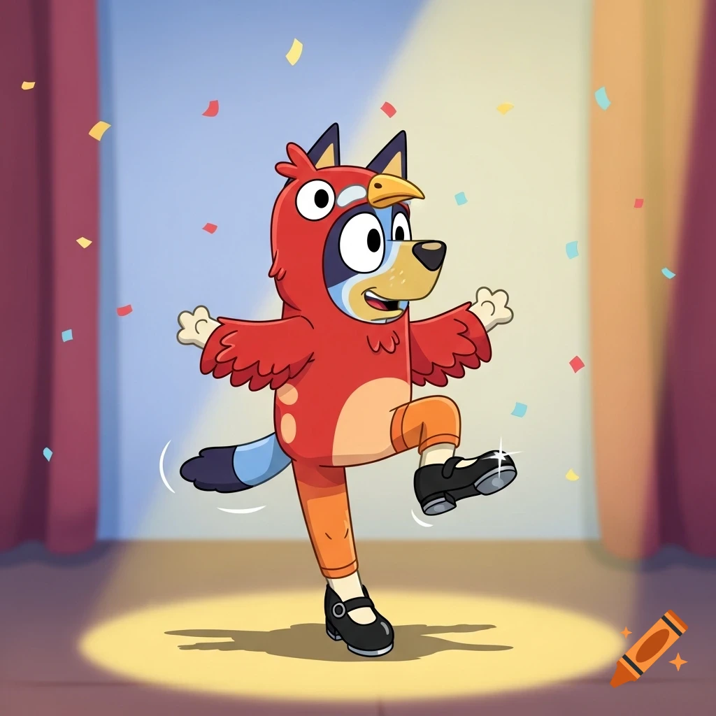 Cartoon Bluey Heeler tap dancing in a red bird costume and orange leggings on a stage with confetti.