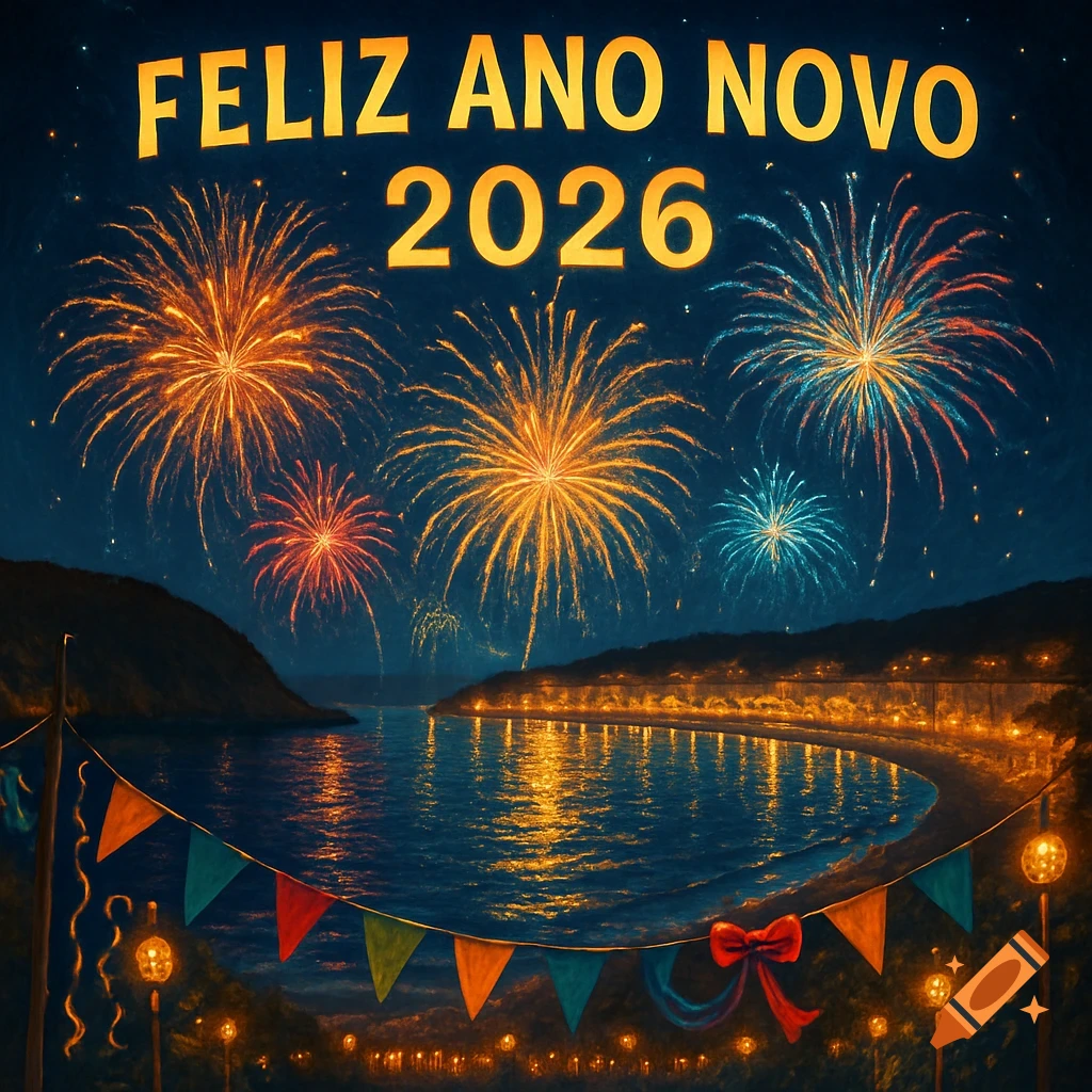 Vibrant fireworks light up a night sky above a bay with coastal lights reflecting in the water and festive banners. Text reads 'FELIZ ANO NOVO 2026'.